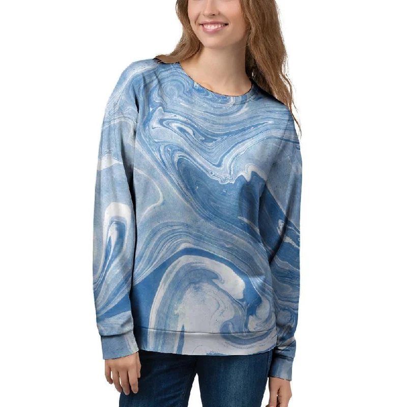 Blue Liquid Marble Women's Sweatshirt Hoodie with Longline Fit Extended Stylish