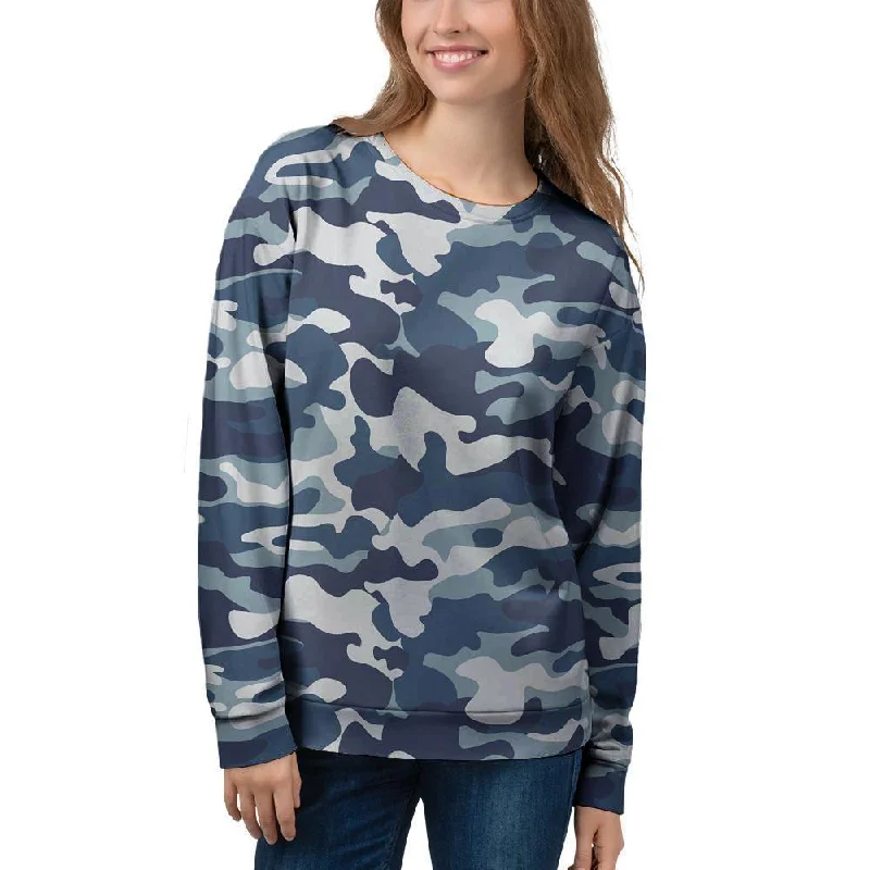 Blue Navy Camo Print Women's Sweatshirt Hoodie with Slim Fit Tailored Modern