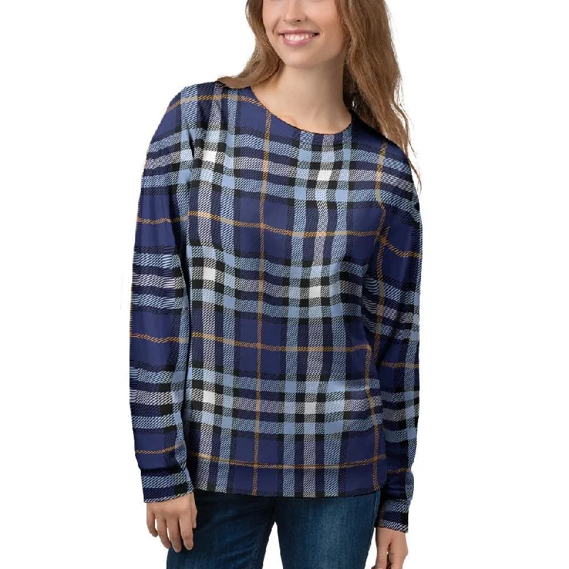 Blue Navy Plaid Tartan Women's Sweatshirt Hoodie with Distressed Vintage Worn