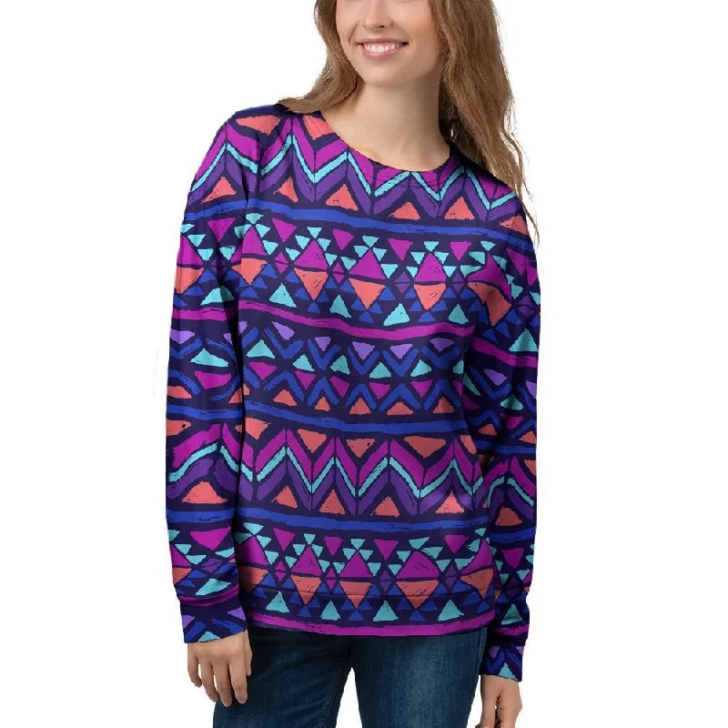 Blue Neon Color Indian Aztec Women's Sweatshirt Hoodie with Monochrome Minimalist Simple