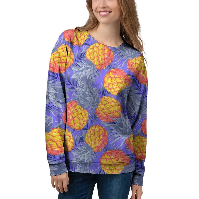 Blue Neon Pineapple Hawaiian Print Women's Sweatshirt Hoodie with Neon Bright Vibrant