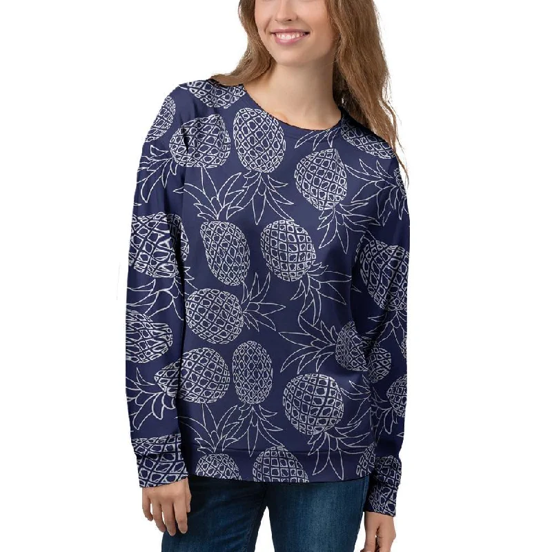 Blue Pine Pineapple Print Women's Sweatshirt Hoodie with Sequins Glamorous Eye-catching