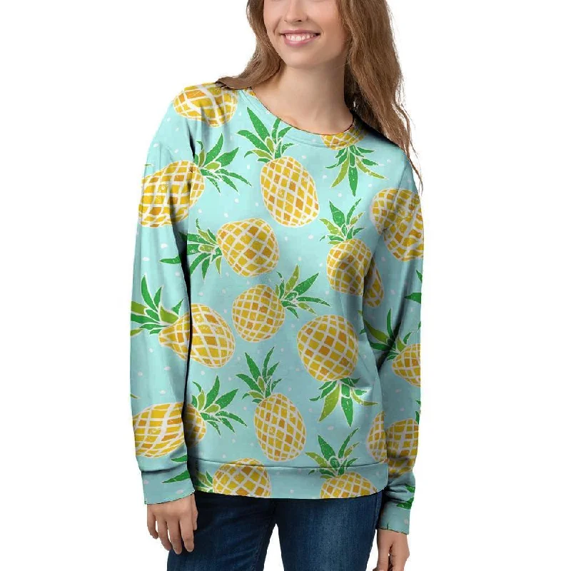 Blue Pineapple Print Women's Sweatshirt Hoodie with Illustration Artistic Creative