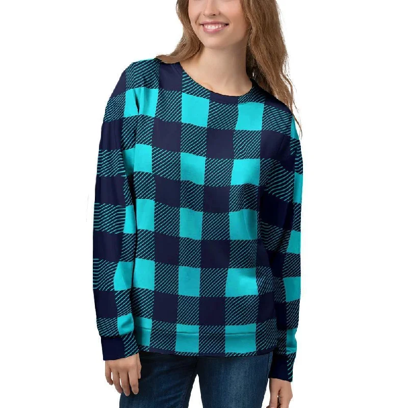 Blue Plaid Print Women's Sweatshirt Hoodie with Lining Warm Insulated