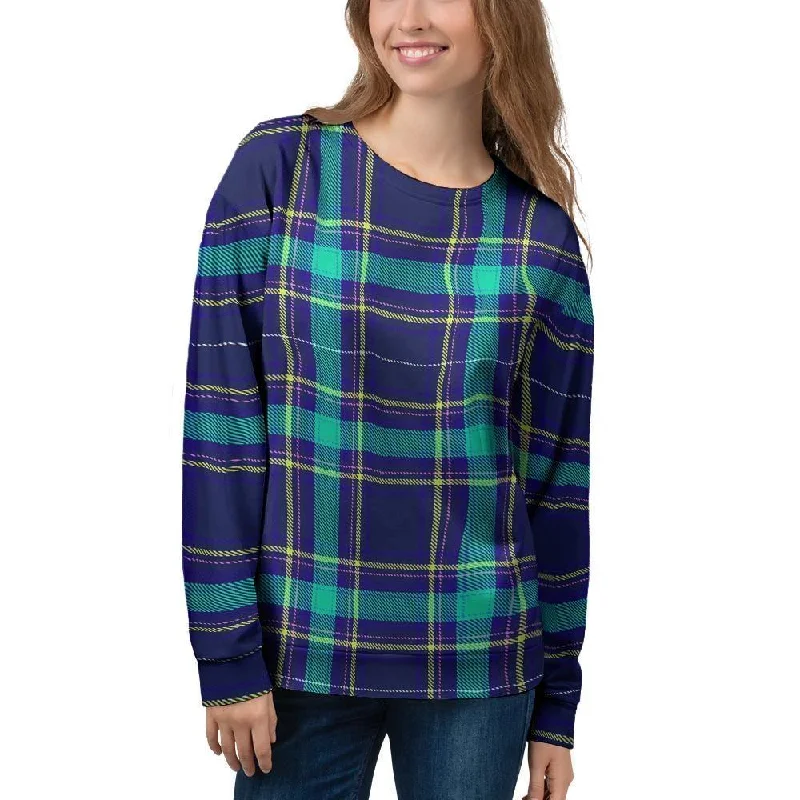 Blue Plaid Tartan Print Women's Sweatshirt Hoodie with Ribbed Cuffs Snug Fit Comfort