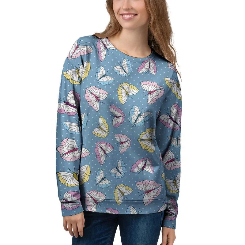 Blue Polka Dots Butterfly Print Women's Sweatshirt Graphic Hoodie Design Print