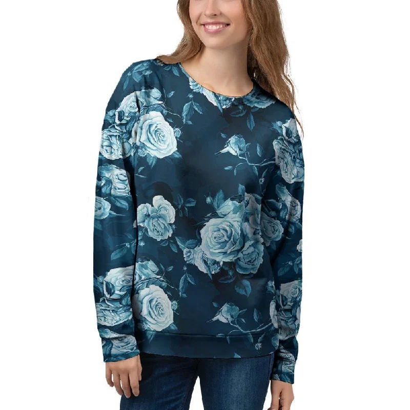 Blue Rose Floral Print Women's Sweatshirt Hoodie with Hem Applique Textured Unique