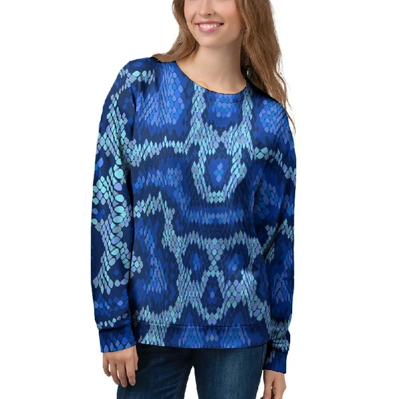 Blue Snakeskin Print Women's Sweatshirt Hoodie with Hem Ribbing Snug Secure