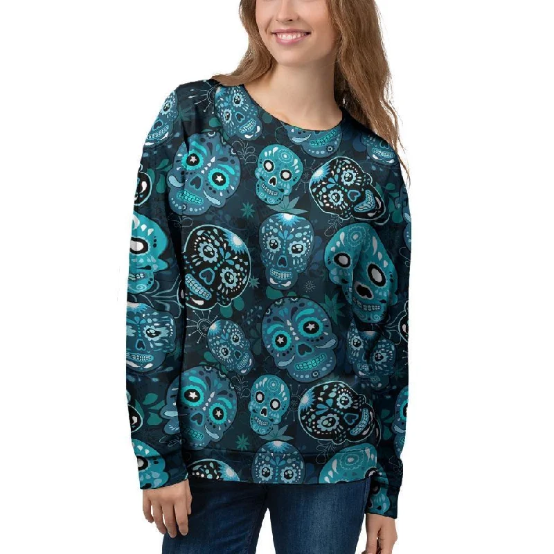 Blue Sugar Skull Print Women's Sweatshirt Hoodie with Elastic Waist Stretchable Comfortable