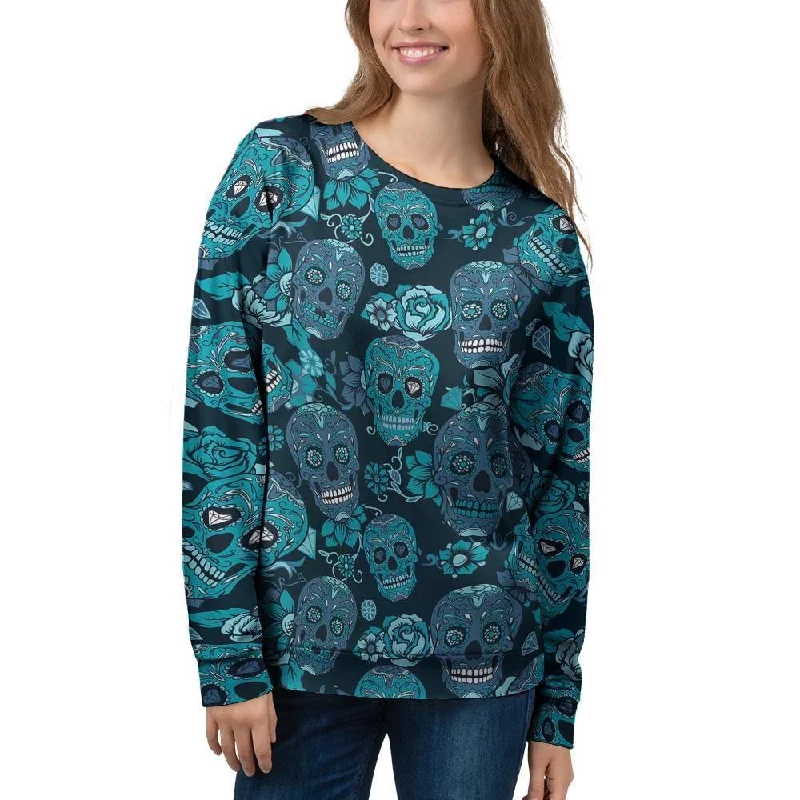 Blue Sugar Skull Women's Sweatshirt Hoodie with High-Low Hem Asymmetrical Trendy