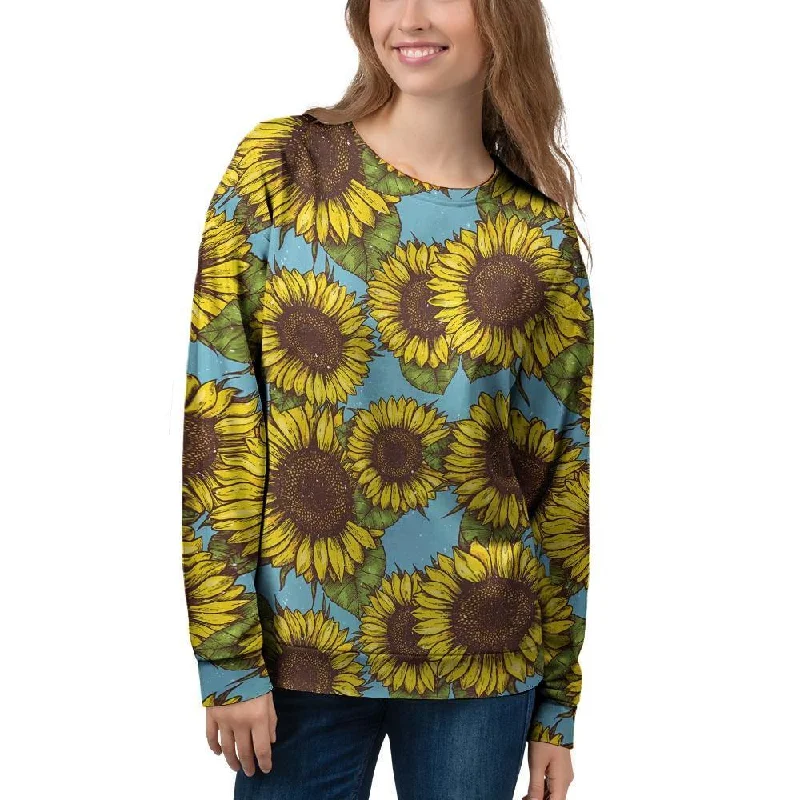 Blue Sunflower Print Women's Sweatshirt Hoodie with Full-Zip Functional Layering