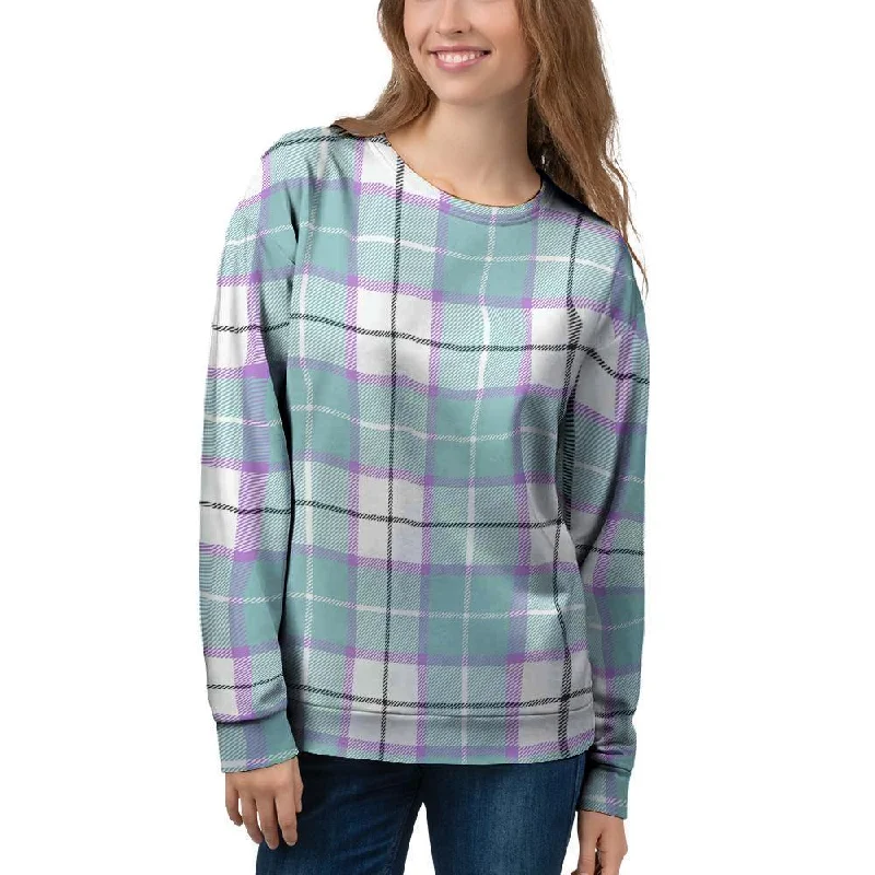 Blue Tartan Plaid Women's Sweatshirt Hoodie with Button Placket Classic Preppy