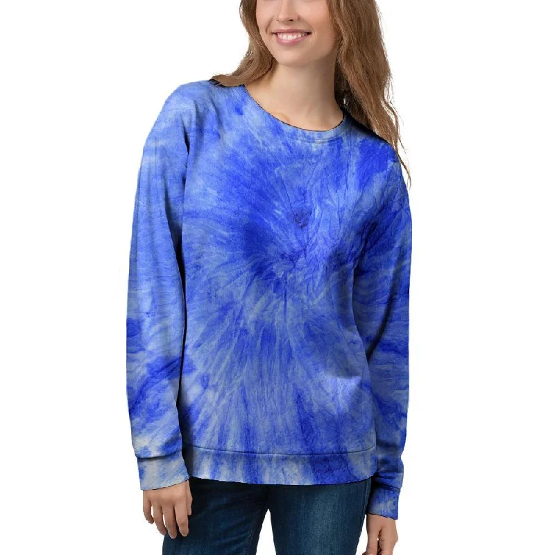 Blue Tie Dye Print Women's Sweatshirt Hoodie with Ribbed Neckline Snug Warm