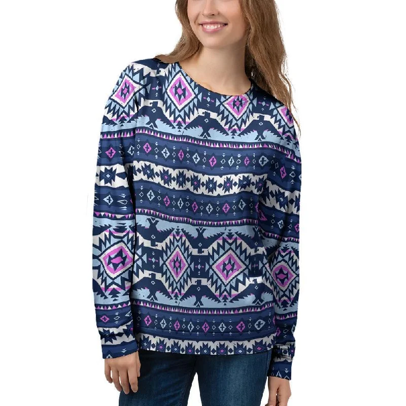 Blue Tribal Aztec Eagles Women's Sweatshirt Hoodie with Rolled Sleeves Casual Relaxed