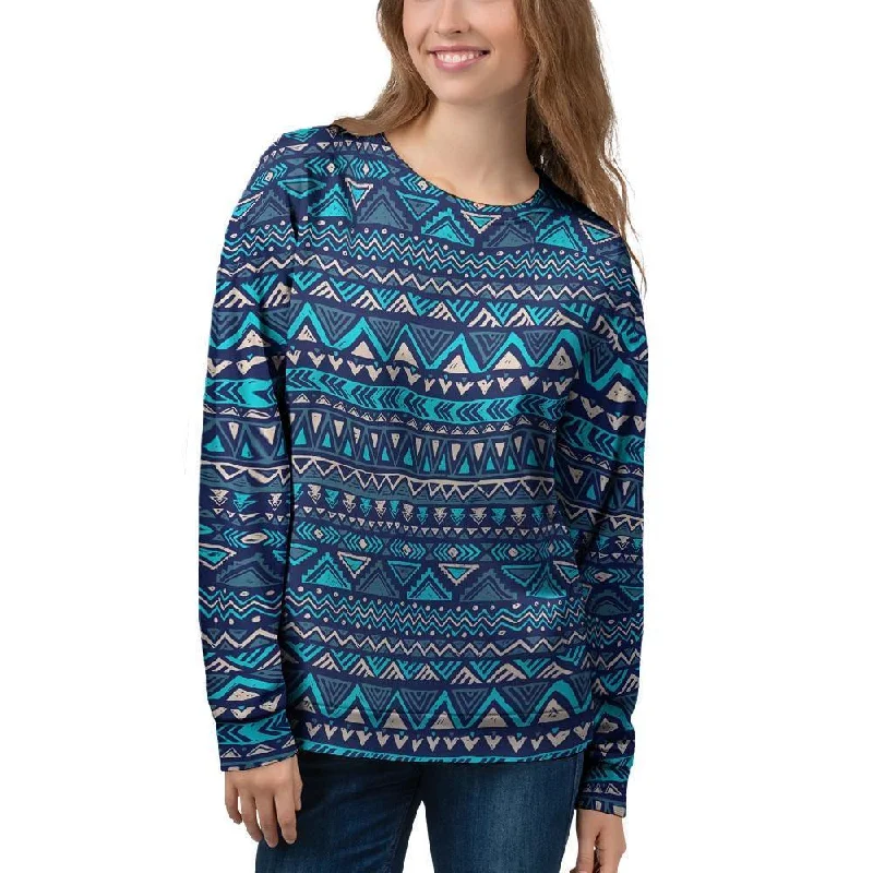 Blue Tribal Aztec Hand Drawn Women's Sweatshirt Hoodie with Batwing Sleeves Loose Dramatic