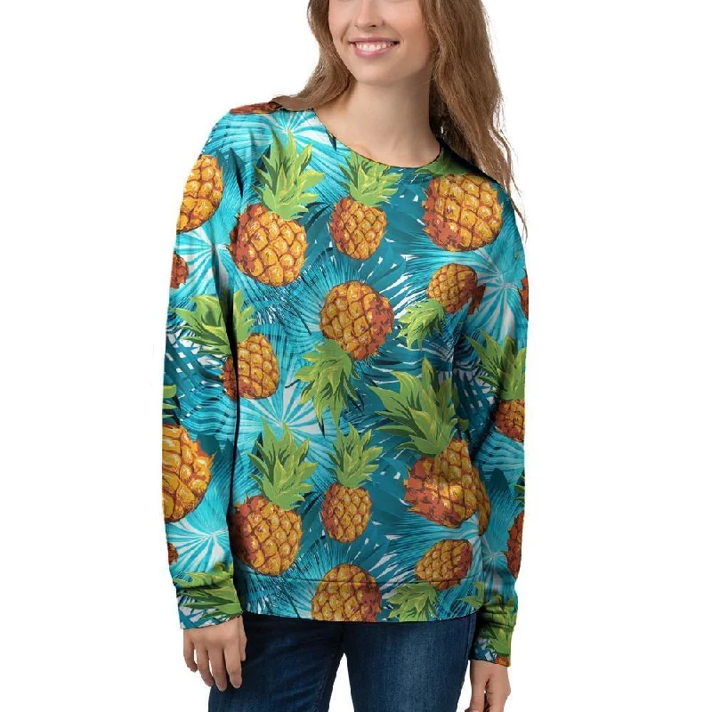 Blue Tropical Hawaiian Pineapple Print Women's Sweatshirt Hoodie with Drop Shoulder Relaxed Streetwear