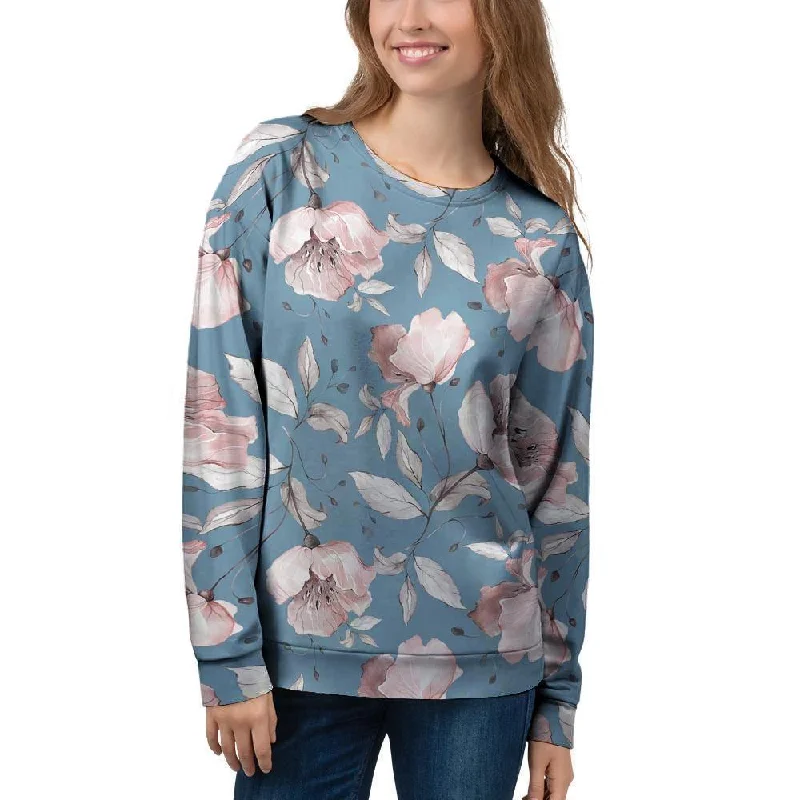 Blue Vintage Floral Print Women's Sweatshirt Hoodie with Relaxed Fit Easy Casual