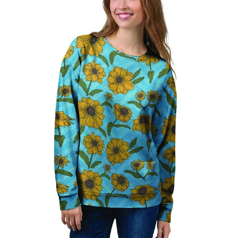 Blue Zigzag Sunflower Women's Sweatshirt Hoodie with Frayed Bohemian Relaxed