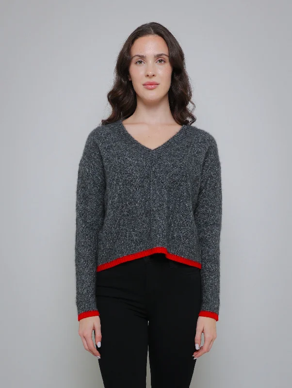 Boxy Shell Stitch Sweater - Graphite Satin Fabric Silk Fabric Chiffon Fabric