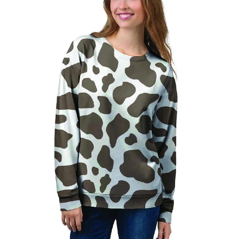 Brown And White Cow Print Women's Sweatshirt Hoodie with Rhinestones Sparkly Elegant