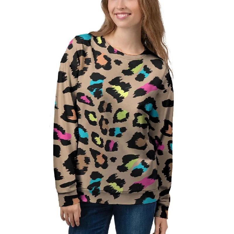 Brown Colorful Cheetah Print Women's Sweatshirt Hoodie with Fur Luxurious Winter