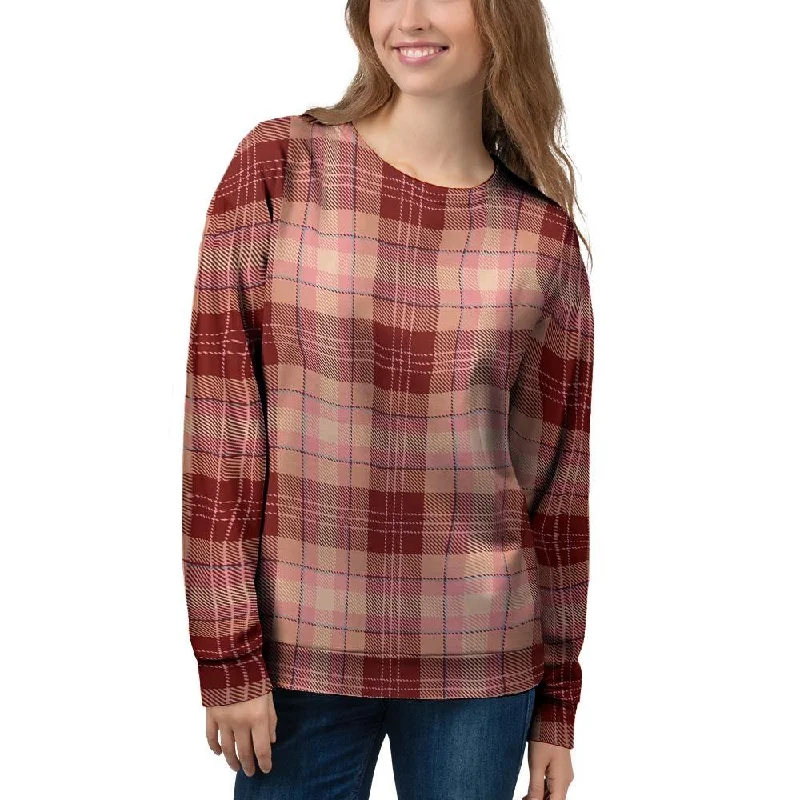 Brown Plaid Tartan Women's Sweatshirt Hoodie with Hood Adjustable Protection