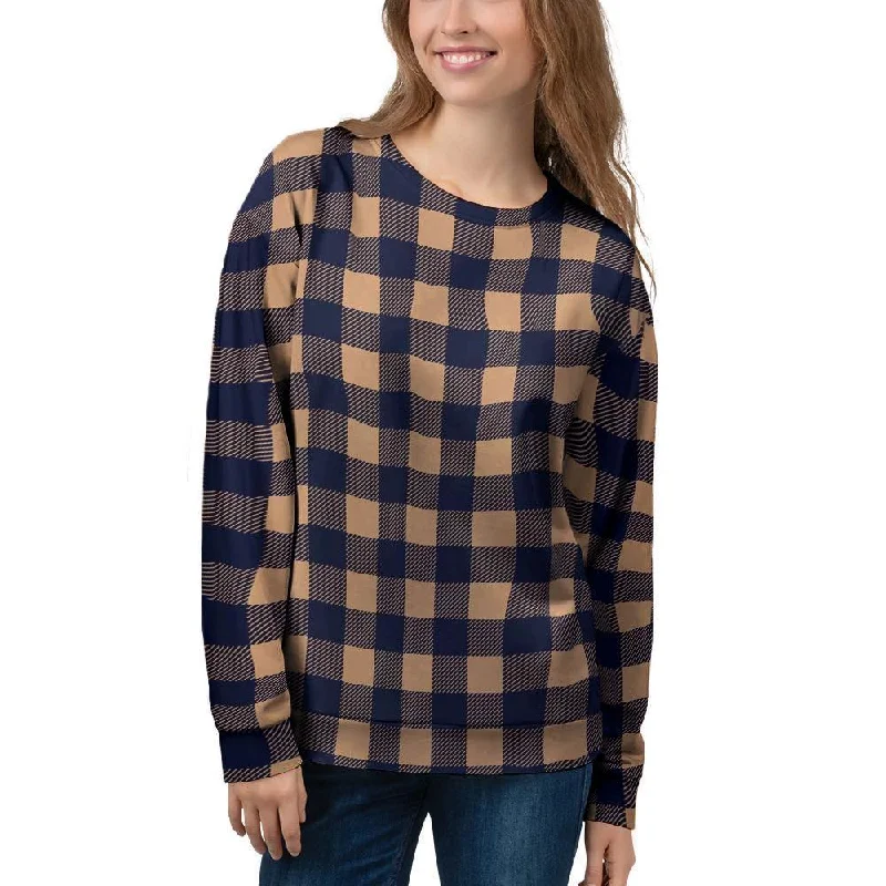 Brown Plaid Women's Sweatshirt Hoodie with Embroidery Detailed Premium