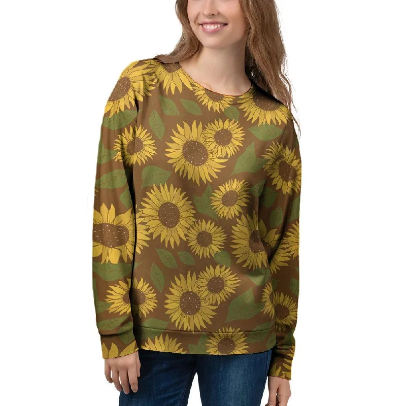 Brown Sunflower Print Women's Sweatshirt Cotton Hoodie Fleece Lining Warmth