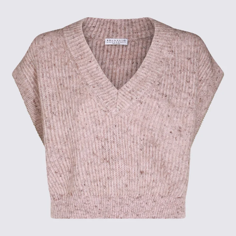 Brunello Cucinelli Sweaters Pink Mesh Blend Leather Blend Suede Blend