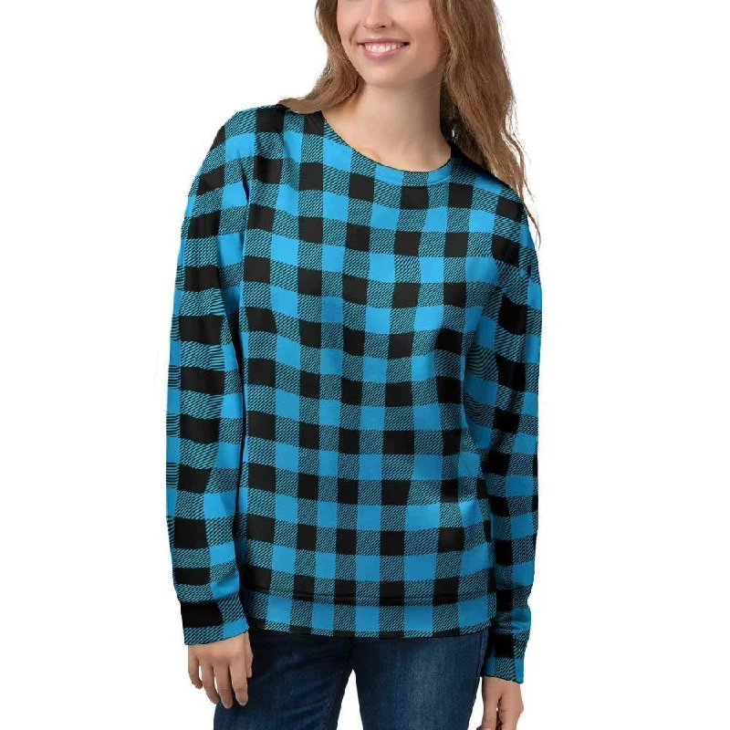 Buffalo Plaid Blue Print Women's Sweatshirt Hoodie with Hem Patch Decorative Personalized