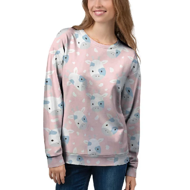 Cartoon Cow Print Women's Sweatshirt Hoodie with Double Zipper Versatile Adjustable