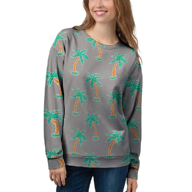 Cartoon Palm Tree Hawaiian Print Women's Sweatshirt Hoodie with Mock Neck Collared Structured