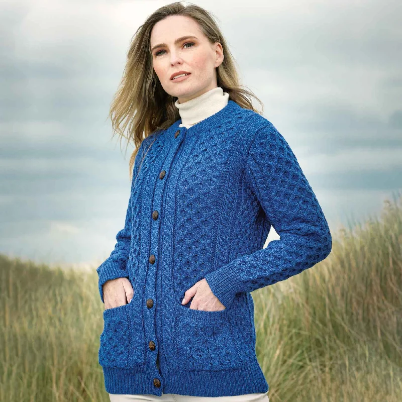 Curragh Women's Aran Knit Button Up Cardigan Sweater- Blue Iron Safe Non-Iron Wrinkle Free