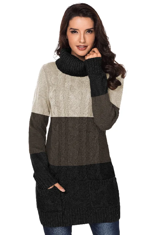 Colorblock Cowl Neck Cable Knit Sweater Dress Terry Terry Cloth Terry Knit