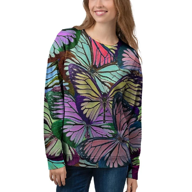 Colorful Butterfly Print Women's Sweatshirt Hoodie with Hem Raw Edge Edgy Unfinished