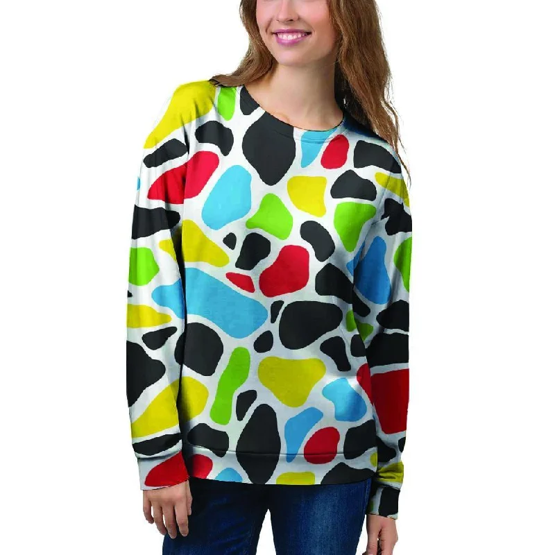 Colorful Cow Print Women's Sweatshirt Hoodie with Hem Applique Textured Unique