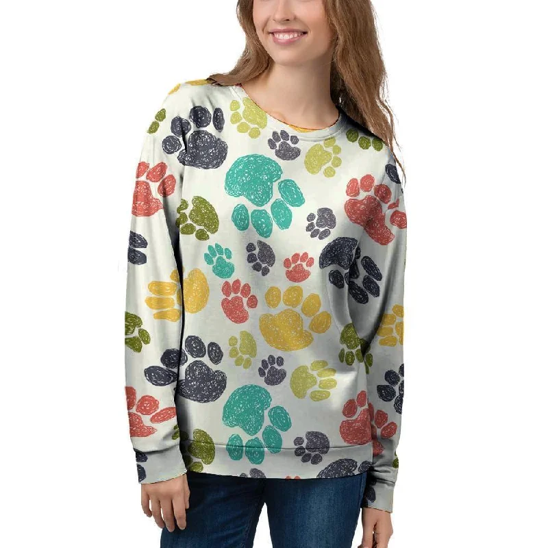 Colorful Doodle Paw Women's Sweatshirt Hoodie with Hem Fringe Bohemian Relaxed