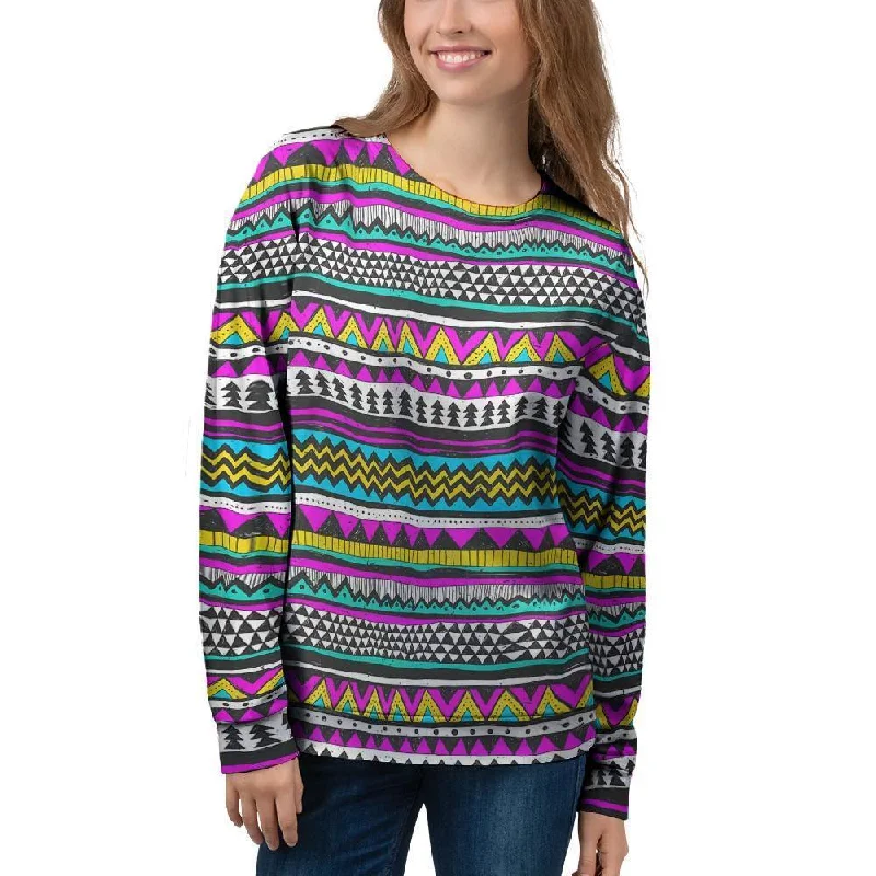 Colorful Indian Aztec Doodle Triangles Women's Sweatshirt Hoodie with Front Slit Layering Stylish