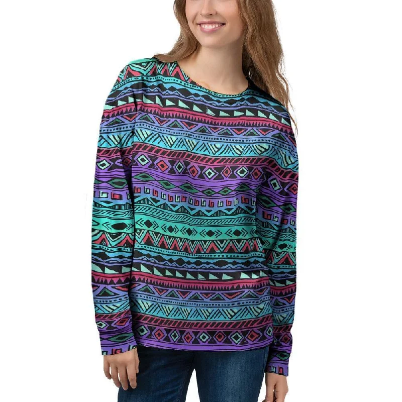 Colorful Neon Tribal Aztec Hand Drawn Women's Sweatshirt Hoodie with Button Placket Classic Preppy