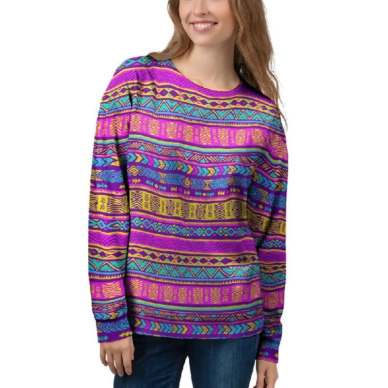 Colorful Neon Tribal Navajo Aztec Print Women's Sweatshirt Hoodie with High Neck Warm Protective