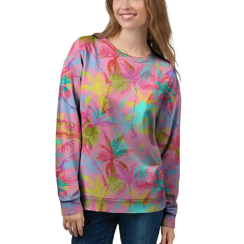 Colorful Palm Tree Hawaiian Print Women's Sweatshirt Hoodie with Ribbed Neckline Snug Warm