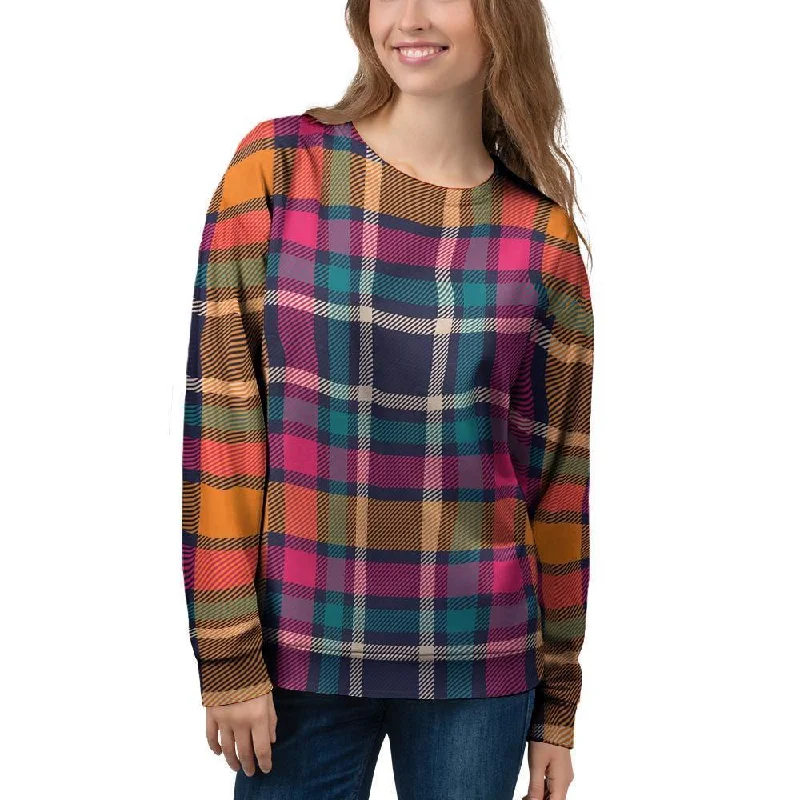 Colorful Plaid Tartan Women's Sweatshirt Hoodie with Batwing Sleeves Loose Dramatic