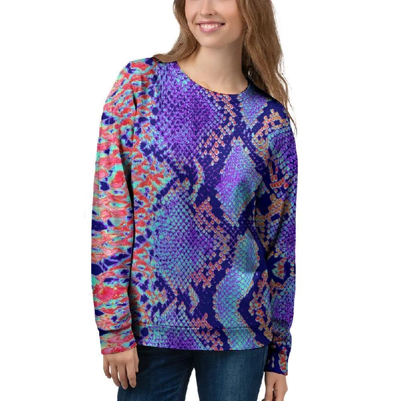 Colorful Snakeskin Print Women's Sweatshirt Hoodie with Frayed Bohemian Relaxed