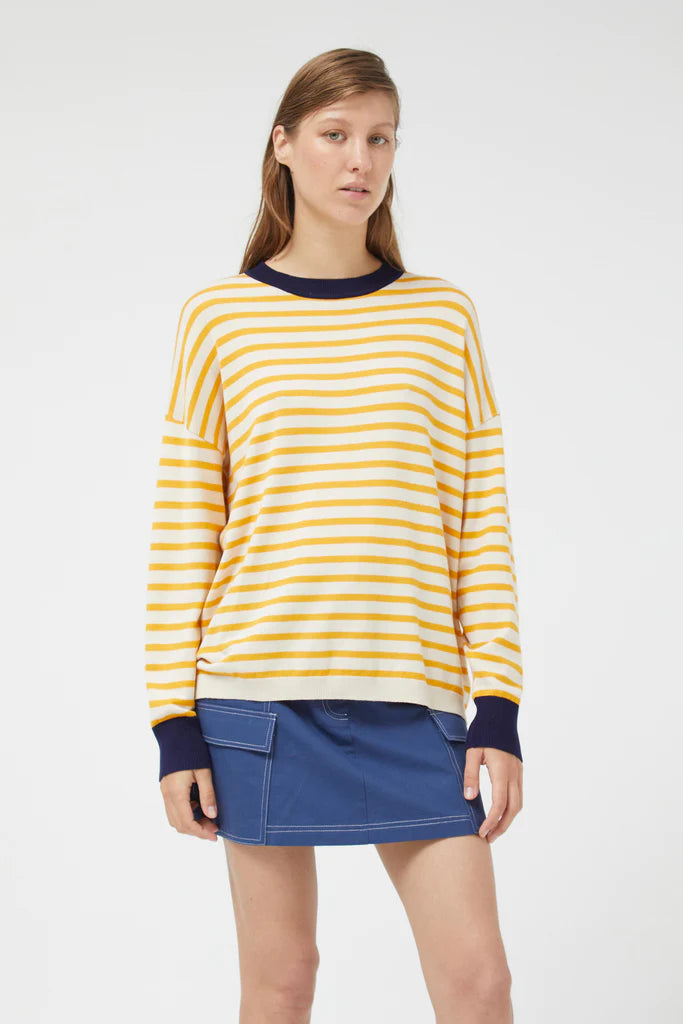 Oversized Yellow Striped Sweater Mesh Blend Leather Blend Suede Blend