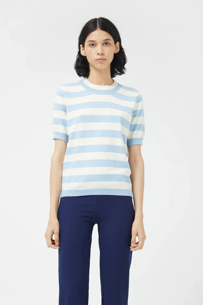 Striped Short Sleeve Sweater - Blue Anti-Pilling Anti-Shrink Durable