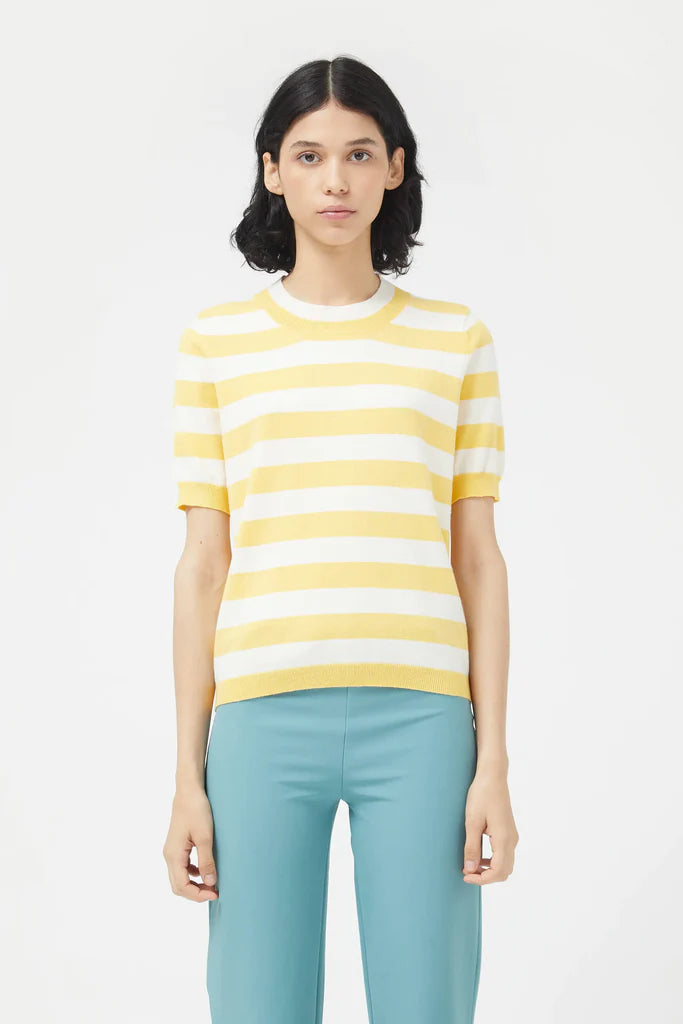 Striped Short Sleeve Sweater - Yellow Layered Multi-layer Single Layer