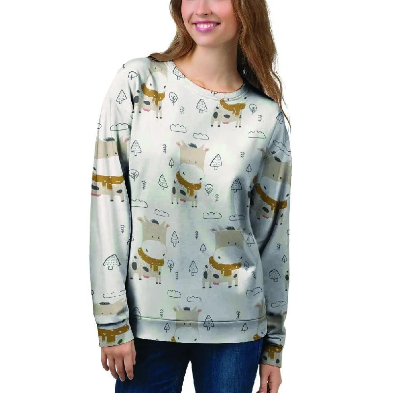 Cow Cute Print Women's Sweatshirt Hoodie with Rhinestones Sparkly Elegant