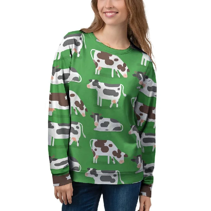 Cow In Green Grass Print Women's Sweatshirt Hoodie with Lining Warm Insulated