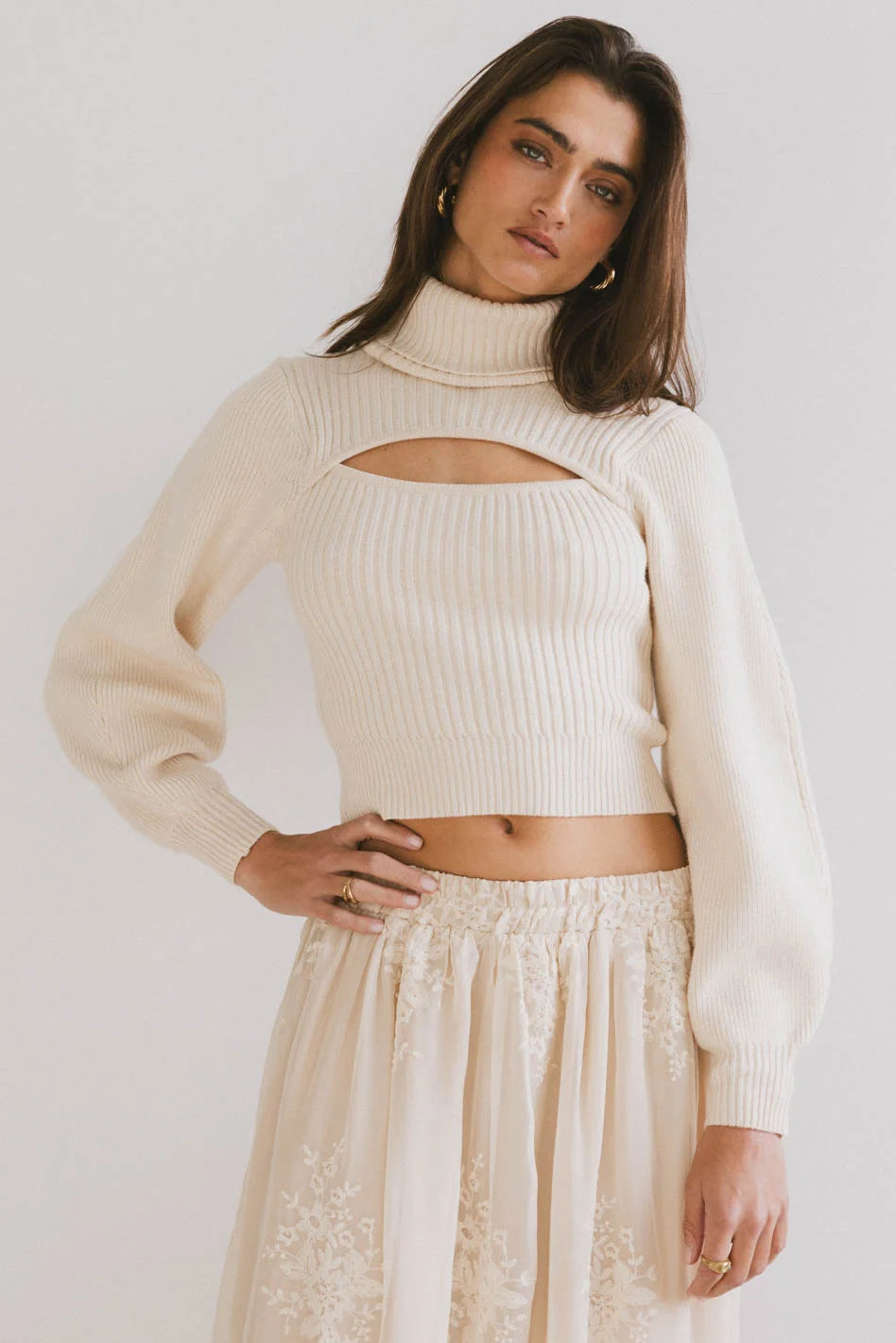 Cut Out Turtleneck Sweater in Cream Collared Crew Neck Turtle Neck