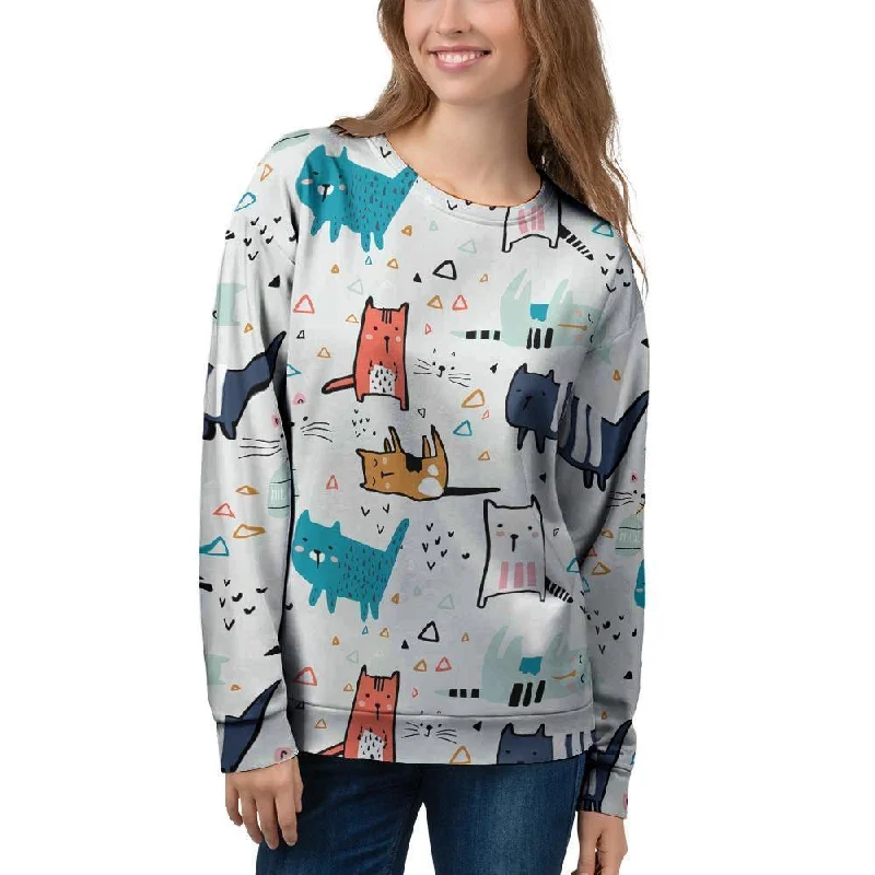 Cute Cartoon Doodle Cat Print Women's Sweatshirt Cotton Hoodie Fleece Lining Warmth